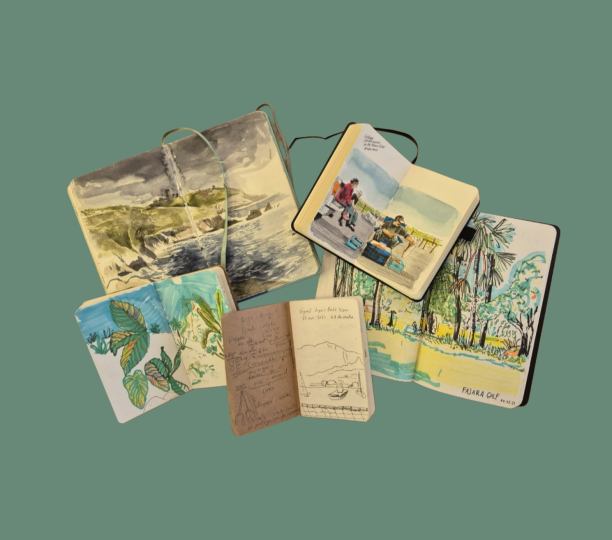 Carnets de voyage sur fond vert