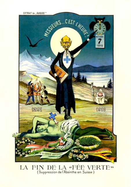 Les secrets de la fée verte - Affiche d’Albert Gantner publiée dans le journal satirique suisse Guguss’Affiche d’Albert Gantner publiée dans le journal satirique suisse Guguss’