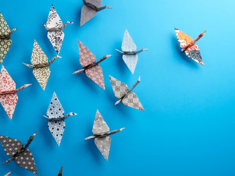 Oiseaux en origami sur fond bleu